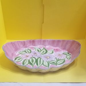 Vintage Laurie Gates 96 Scalloped Pink Floral Serving Bowl Oval 12"